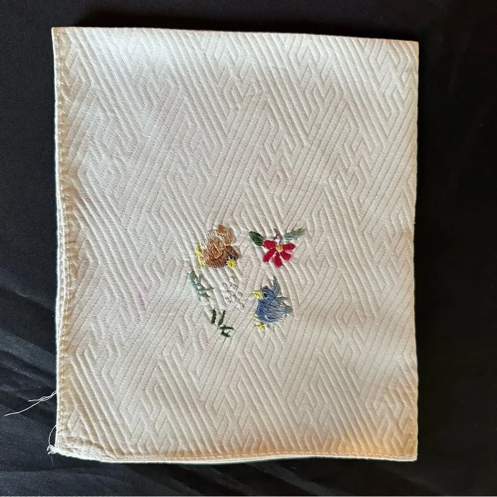 Vintage Bird Motif Embroidered Cream Silk Napkin